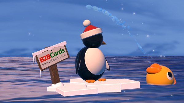 b2bcards corporate christmas eacrd ref:371829829.jpg, Penguin,FIsh,Ice,3d, Colours,Blue,White,Yellow,Orange